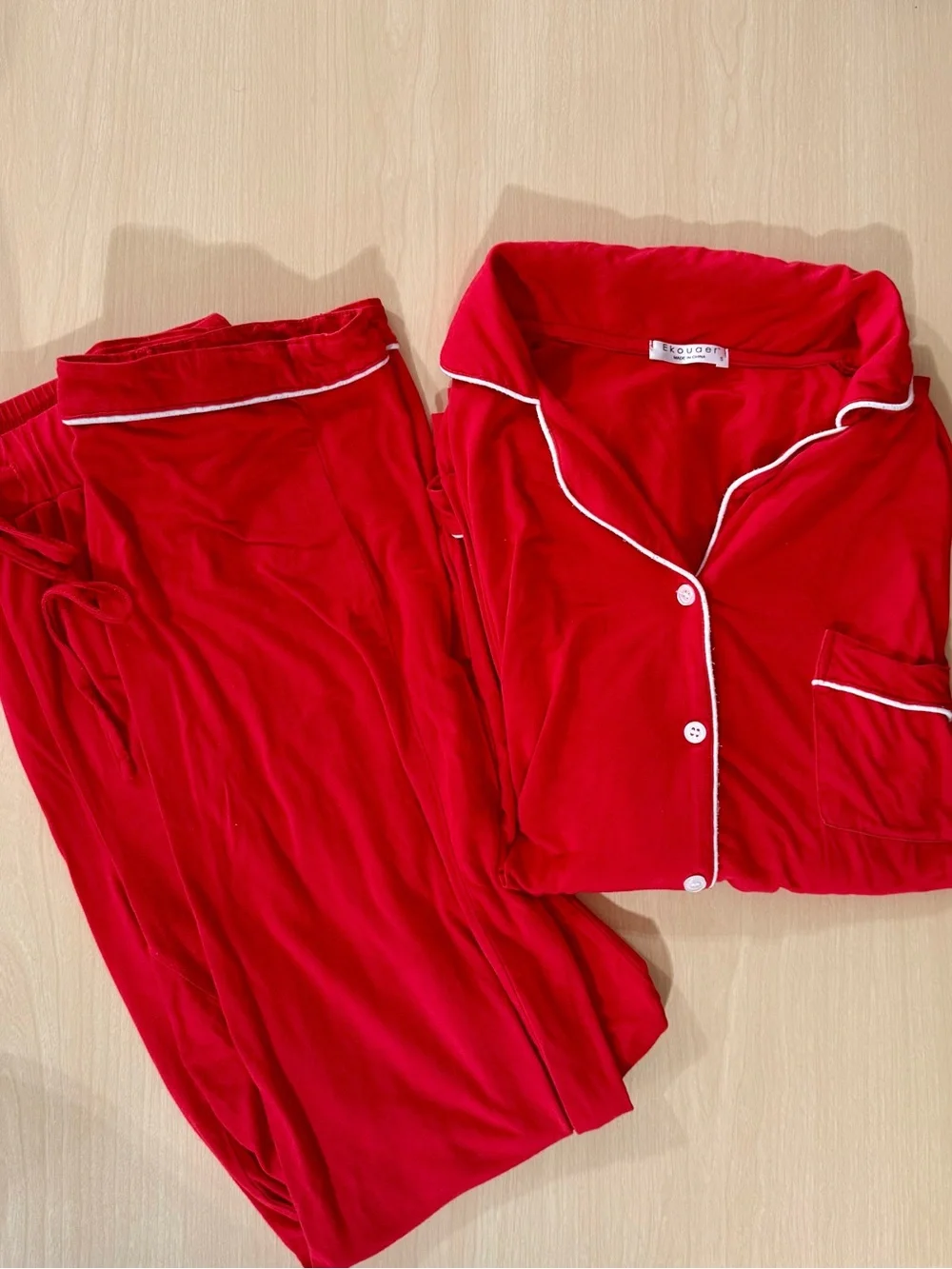Women's Red Pajama Set with White Piping - Picture 1 of 2